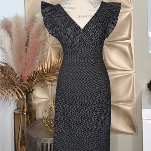 Monique Lhuillier Black and White Speckled V-Neck Midi Dress